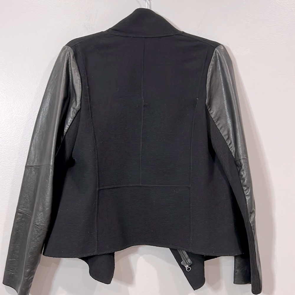 Vince Leather & Wool Mixed Media Black Motto Zip Jacket Knit Sweater Womens M 6 - Picture 8 of 16